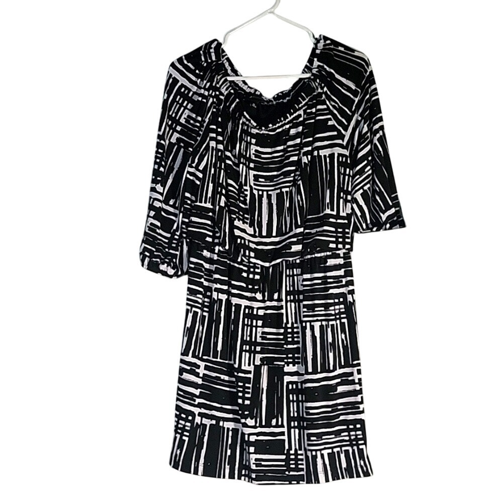 2B Studio XL Black White Geometric Abstract Off Shoulder Ruffle Mini‎ Dress